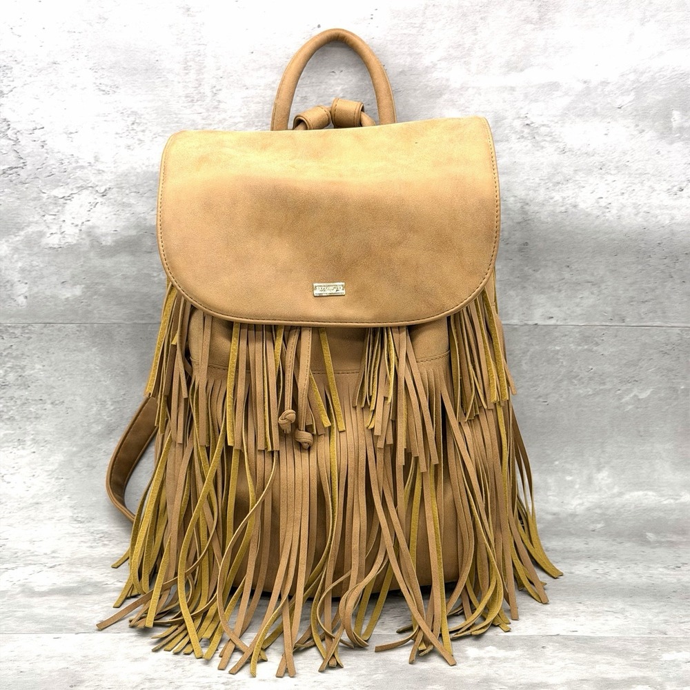 Expressions NYC Backpack Brown Tan Faux Leather Fringe Boho Festival Western